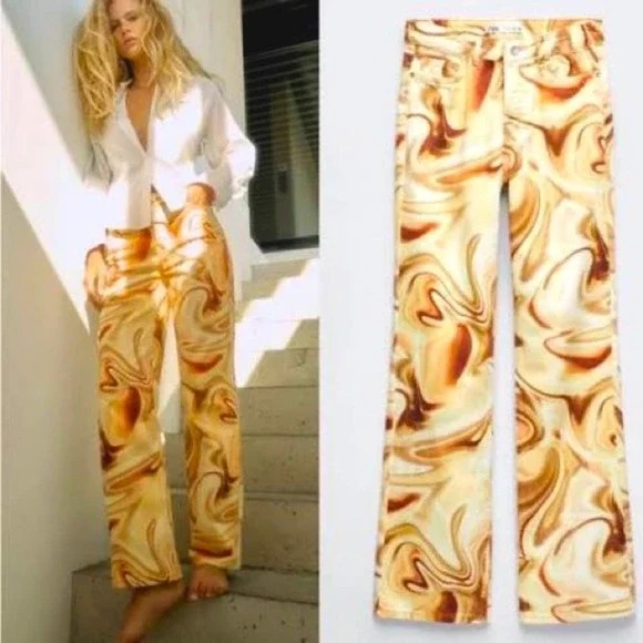 NWT ZARA Mid Rise Straight Leg Brown Swirl Jeans, size 0 - Picture 10 of 13